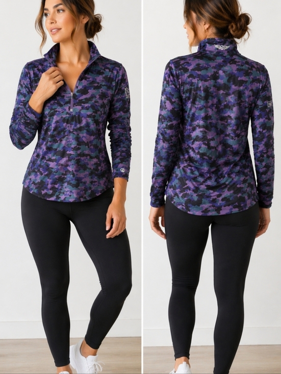 Straight Down Tops - Straight Down Camo Quarter Zip Pullover Athletic Top Purple Green Size L